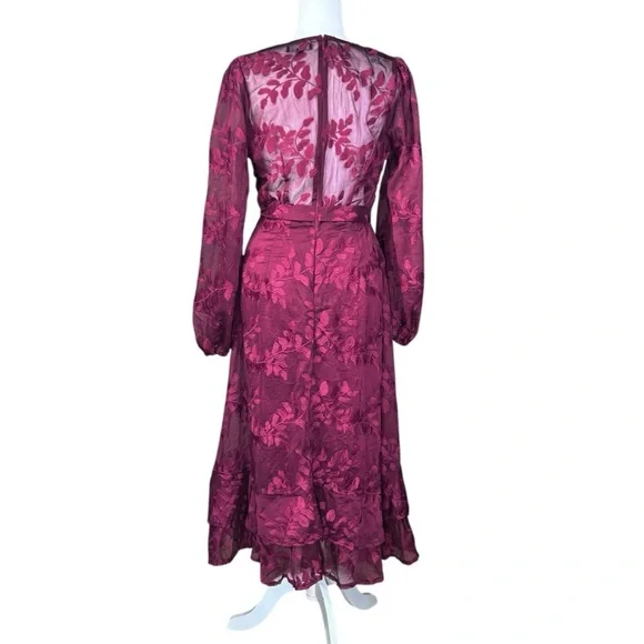 Lulu's Faux Wrap Midi Dress Large Party Holiday Chiffon Embroidered Asymmetrical - Picture 5 of 17